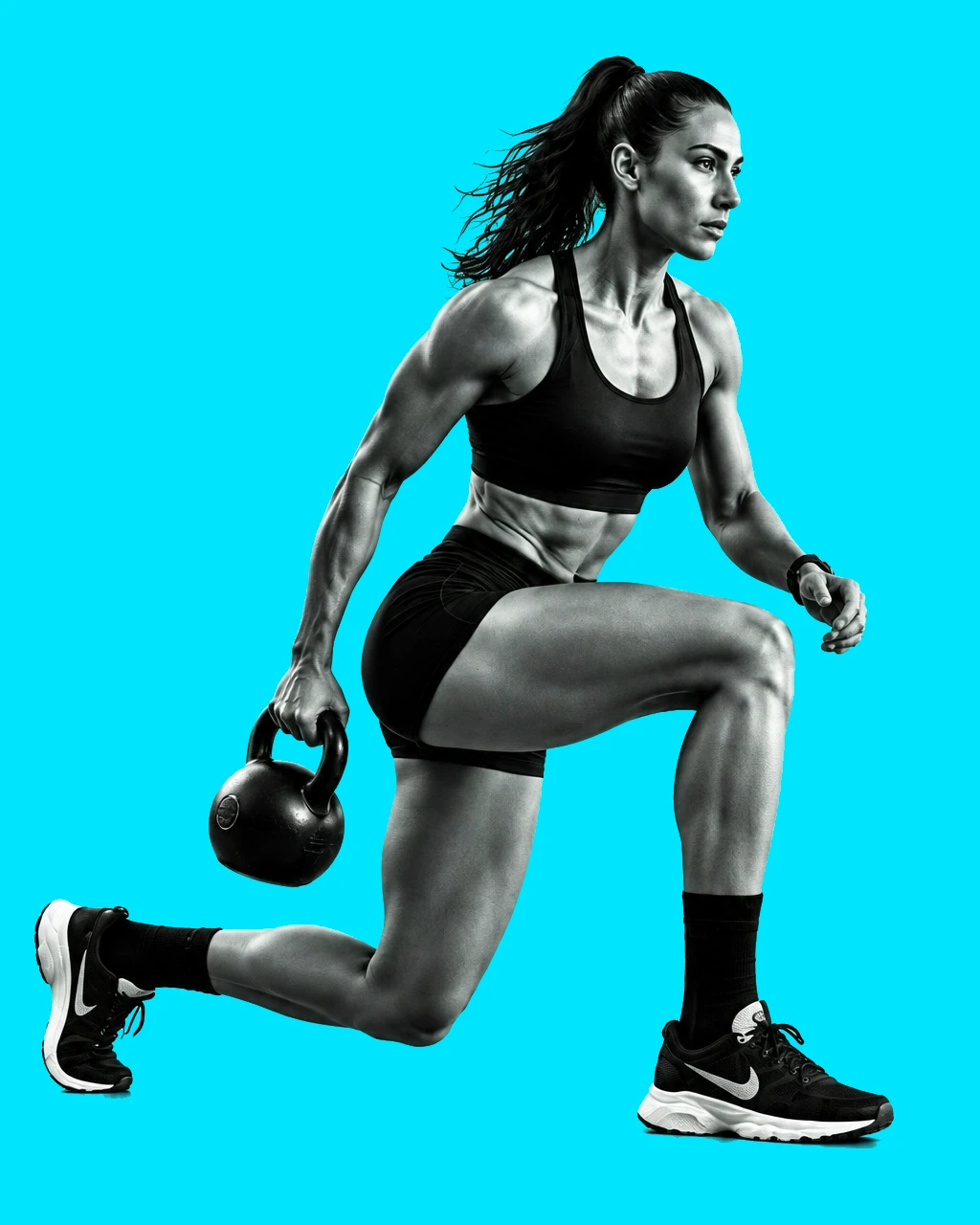 Female athlete performing a kettlebell lunge